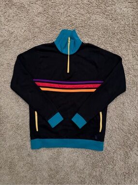 Teddy Fresh Men's M Black Blue Colorblock Striped 1/4 Zip Pullover Sweatshirt